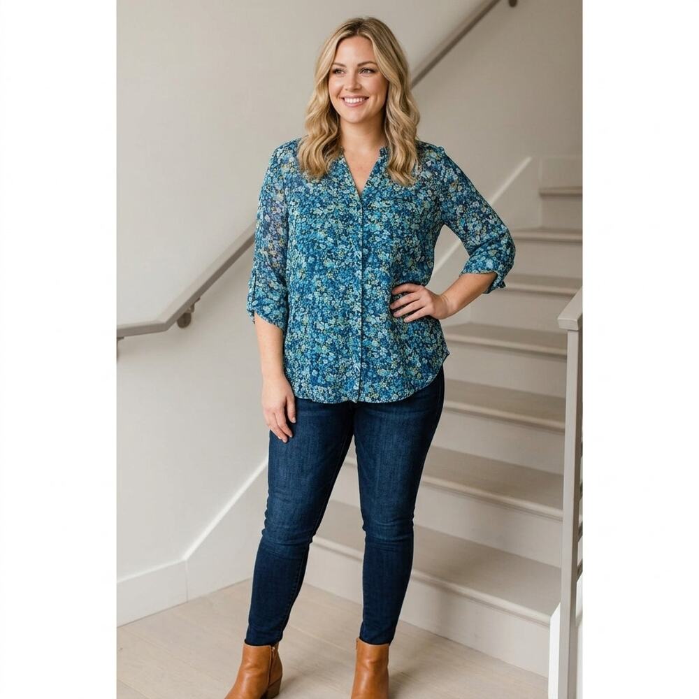 Kut from the Kloth Floral Roll Tab Sleeve Button Up Blouse Women Size XL - Picture 6 of 9